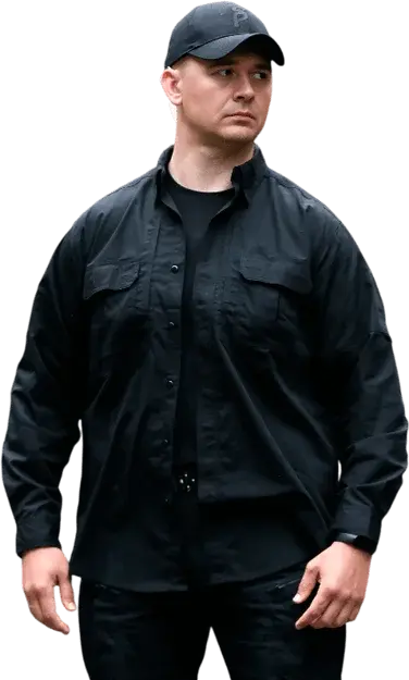Man in a black polo shirt and cap