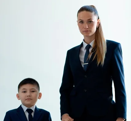 Woman in a suit standing beside a child