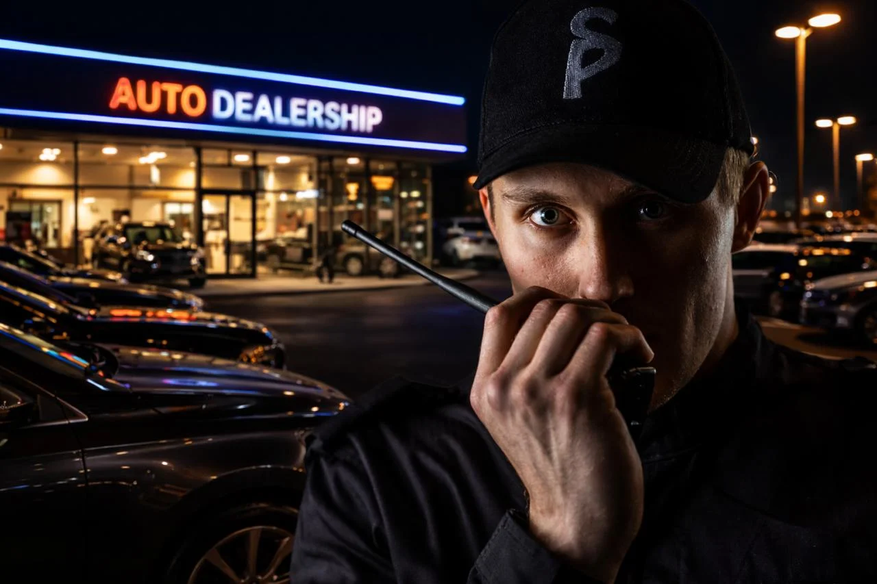 Security guard using a radio near a car dealership