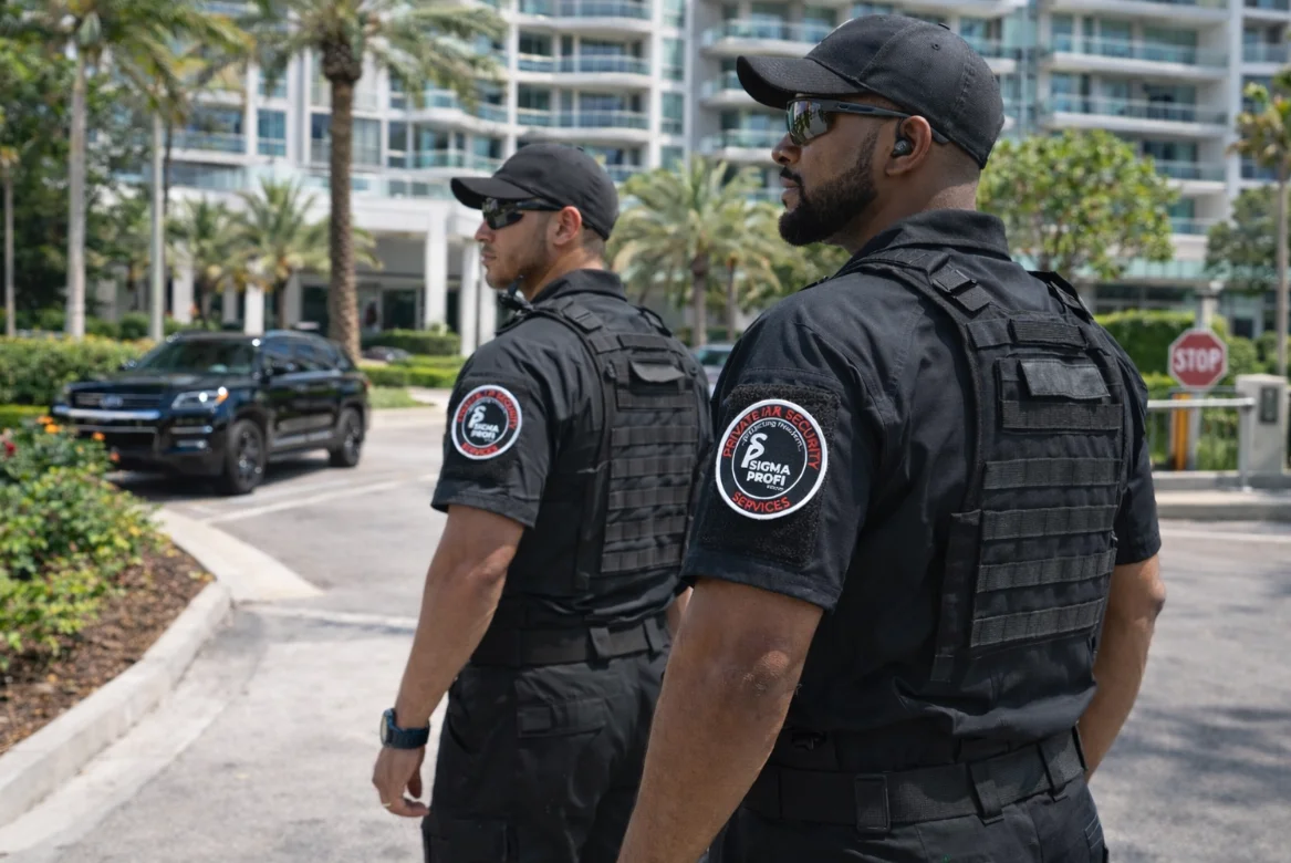 Two uniformed security guards outside a residential building